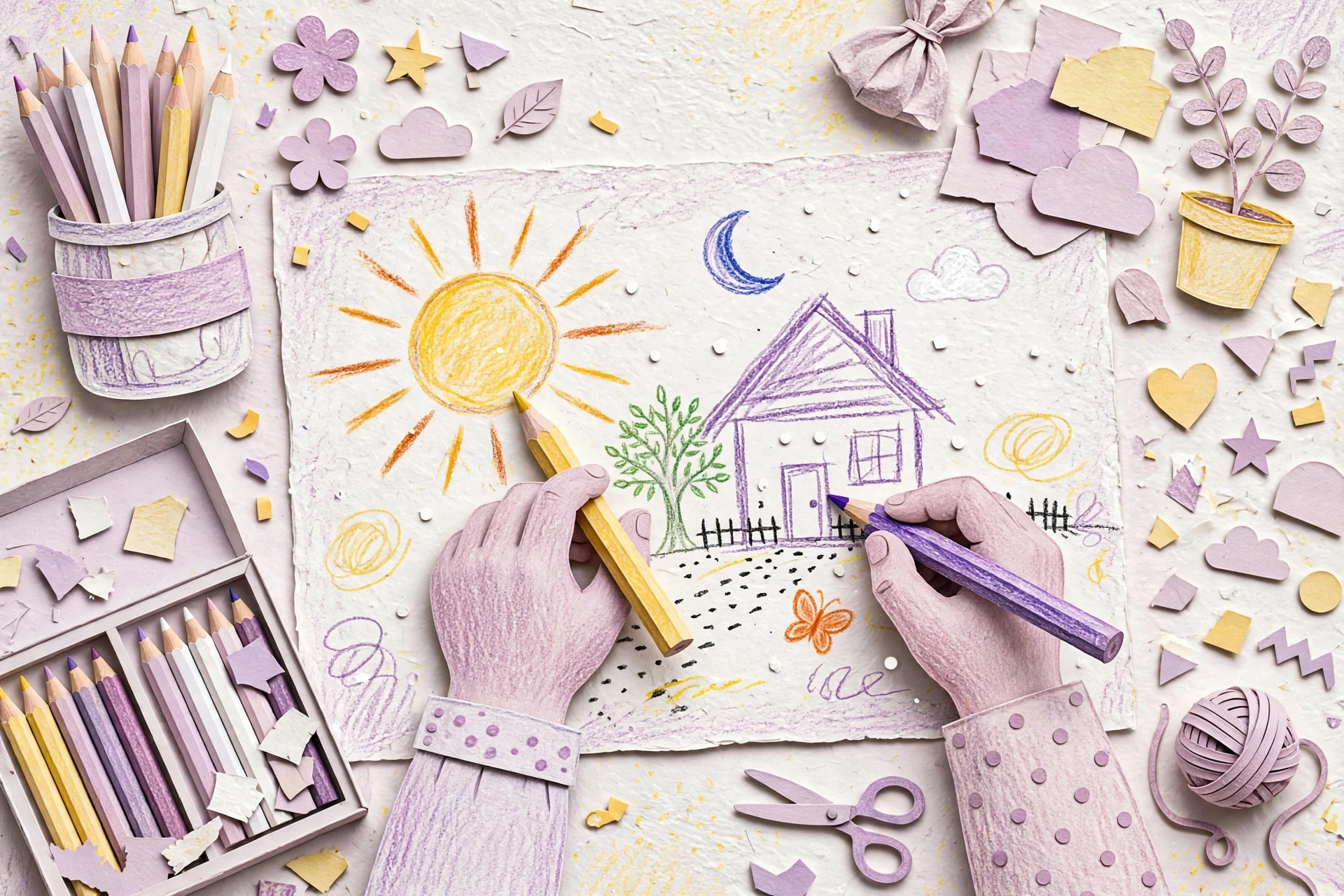 Mains d'enfant dessinant une maison et un soleil aux crayons de couleur, entourées de bricolages en papier lavande